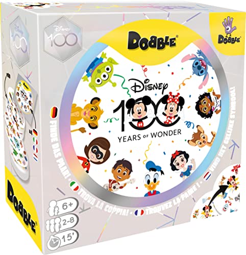 Asmodee - Dobble Disney Anniversary: ​​100 Years of Wonder - Divertido juego de mesa para toda la familia con personajes de Disney, de 2 a 8 jugadores, a partir de 6 años