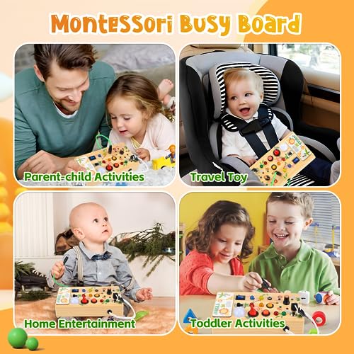 Auezona Montessori Busy Board, Tablero de Actividades con Interruptor de luz LED Tablero de Actividades de Madera niños de 1 año Educativo sensorial, Juguetes de Viaje para bebés 1 2 3 años (Selva)