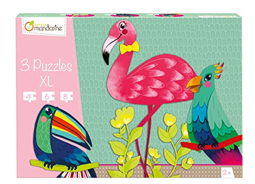 AVENUE MANDARINE - Boite de 3 Puzzles XL (4, 6 et 8 pièces) - Motifs Oiseaux tropicaux - Taille des Pièces Adaptées aux Petites Mains - Dès 2 ans - PU011O