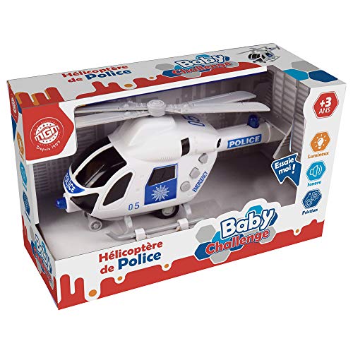 Baby Challenge - Helicóptero de Policía - Vehículo de Intervención - 021169-1/62 - Listo para Rodar - Pilas Incluidas - Vehículo de Fricción - Blanco - Sonoro y Luminoso - Plástico - Desde 3 años