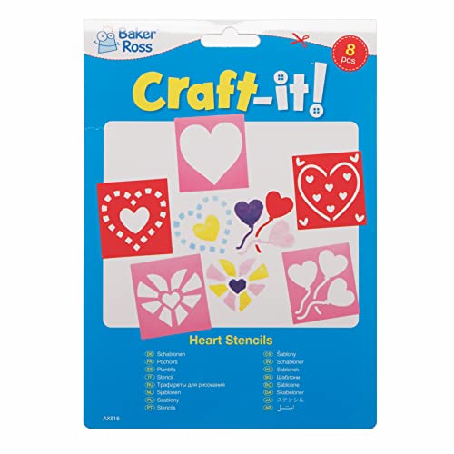 Baker Ross AX816 Plantillas de Corazón - Paquete de 8, juego de guía de pintura de plástico lavable para niños, actividades de pintura y manualidades