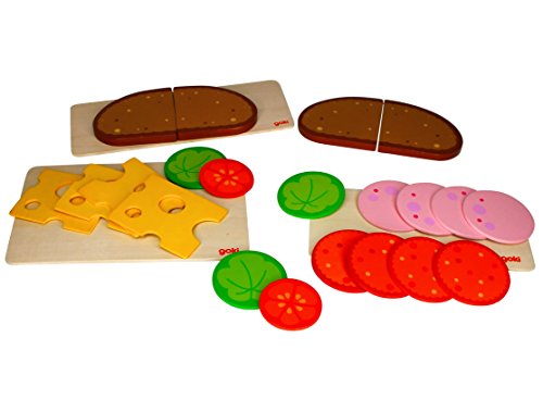 Bambilino Goki - Rebanadas de pan, rebanadas de embutido y queso, con ensalada y verduras, juego de pan, salchichas, queso para tienda de compras y cocina de juguete