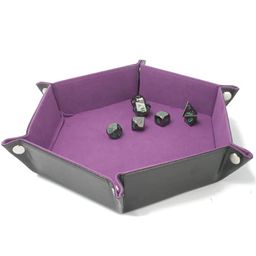 Bandeja de dados con ruedas Hexagon Purple D&D para juegos de mesa RPG con un juego completo de 7 dados de metal poliédricos - Cuero PU grueso de calidad y mazmorras y dragones plegables de terciopelo