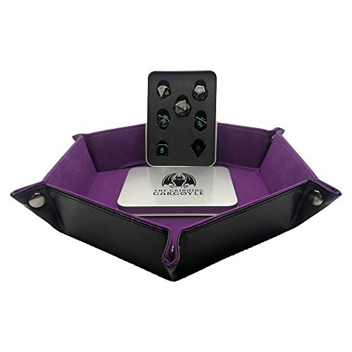 Bandeja de dados con ruedas Hexagon Purple D&D para juegos de mesa RPG con un juego completo de 7 dados de metal poliédricos - Cuero PU grueso de calidad y mazmorras y dragones plegables de terciopelo
