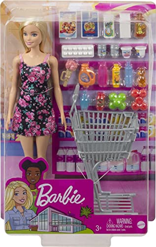 Barbie en el supermercado, Muñeca rubia con carrito de la compra, comida y accesorios de juguete (Mattel GTK94)
