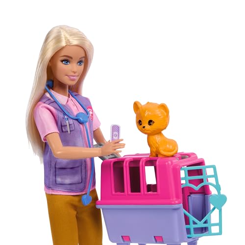 Barbie Tú puedes ser Muñeca rubia profesiones Rescatadora y cuidadora de animales Set de juego con animales bebé y accesorios, juguete +3 años (HRG50)