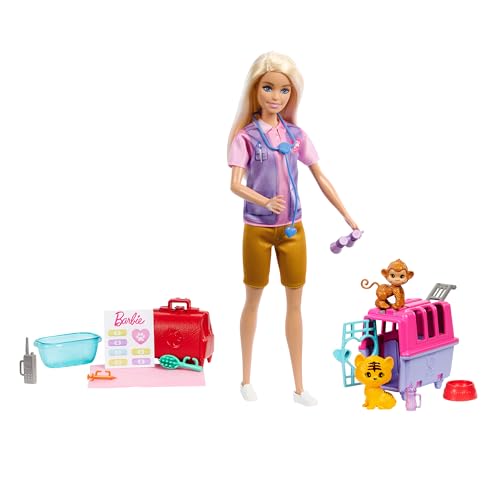Barbie Tú puedes ser Muñeca rubia profesiones Rescatadora y cuidadora de animales Set de juego con animales bebé y accesorios, juguete +3 años (HRG50)