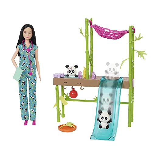 Barbie Tú puedes ser Rescate de pandas Muñeca asiática veterninaria con set de juego con mascotas y accesorios de profesiones, juguete +3 años (Mattel HKT77)