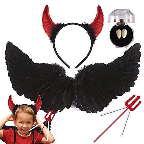 BARVERE Black Wings, Fallen Evil Angel Set de ángel demonio decoración para Halloween temática, juego de decoración de diablo con aura negra, cuernos de diablo, dientes de diablo y tridente