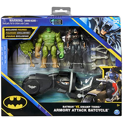 BATMAN - DC COMICS - Figuras de Acción Batman vs Swamp Thing Armory Attack Batcycle - con Armadura y el Mounstro del Pantano con Accesorios - 6064766 - Juguetes Niños 3 Años +