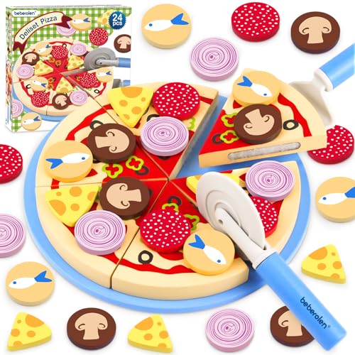 Beberolen Pizza de Madera | Juguetes de Comida de Madera | Juguetes de Cocina | Juguetes de rol para Niños de 2 3+ Años | Regalo para Niño o Niña