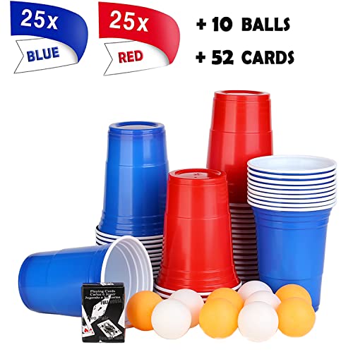 Beer Pong Kit,Juegos de beber, (50 Beer Pong + 10 Pelotas), Vaso de Plástico de 473ml con Pelota de Ping Pong,25 Cervezas Rojas + 25 Azules 16OZ,Vasos Reutilizables para Juegos de Bebidas de Fiesta