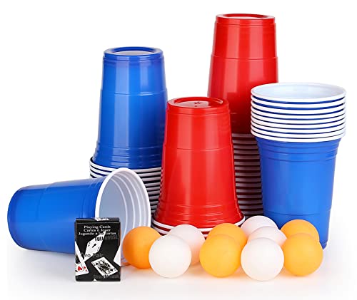 Beer Pong Kit,Juegos de beber, (50 Beer Pong + 10 Pelotas), Vaso de Plástico de 473ml con Pelota de Ping Pong,25 Cervezas Rojas + 25 Azules 16OZ,Vasos Reutilizables para Juegos de Bebidas de Fiesta