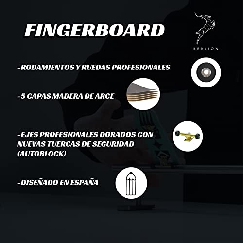 BERLION - Finger Skate para Dedos Profesional de Madera Pro, Mini monopatín Fingerboard pequeño, Lija y Ruedas, Finger Toys antiestres Marca (Red Black)