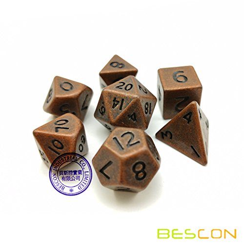 Bescon 10MM Mini Solid Metal Dice Set Antique Copper, Mini Metallic Polyhedral D&D RPG Miniature Dice 7-Sets