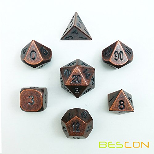 Bescon Dice - Juego de 7 dados de rol hechos de metal macizo y cobre envejecido para jugar a Dragones y Mazmorras y otros juegos RPG