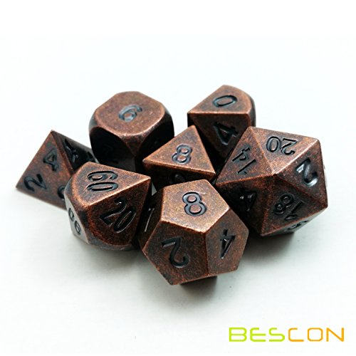 Bescon Dice - Juego de 7 dados de rol hechos de metal macizo y cobre envejecido para jugar a Dragones y Mazmorras y otros juegos RPG