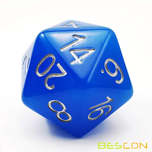 Bescon Jumbo Glowing D20 38MM, Big Size 20 Sides Dice Blue Glow In Dark, Big 20 Faces Cube 1.5 Inch