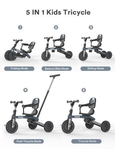 besrey Triciclo para niños pequeños 7 en 1 con manillar deslizante para 1-5 años, ruedas plegables, bicicleta para niños pequeños con acoplamiento de rueda, ruedas grandes, pedales extraíbles, asiento