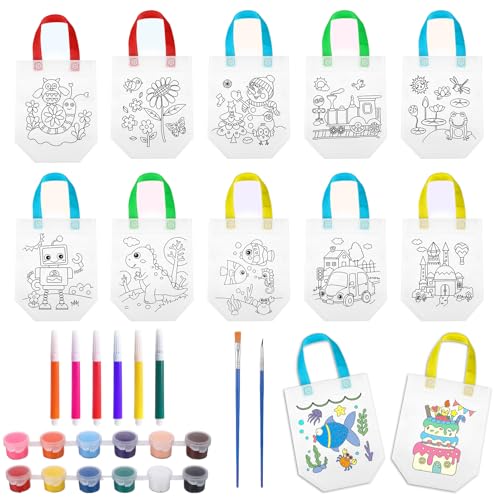 Bestomrogh Juego de 12 bolsas de graffiti para niños, diseño de bolsas de graffiti con 6 lápices de graffiti de colores, 12 pigmentos de colores y 2 pinceles para guardería, juego de manualidades para