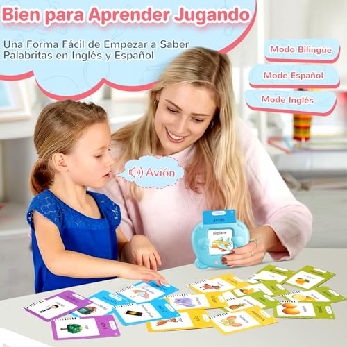 (Bilingüe Inglés Español) Tarjetas Flash Parlantes Juegos Educativos Montessori Infantiles para de Niños 2 3 4 5 6 años, Cuenta con 112 Tarjetas de Doble y 224 Palabras