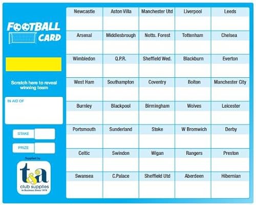 Bingo House - Juego de 25 tarjetas de recaudación de fondos para partidos de fútbol con 40 equipos de Reino Unido