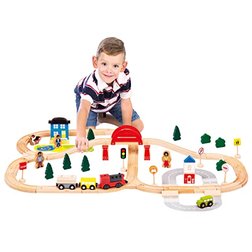 Bino world of toys ferrocarril de Madera, Juguete para niños a Partir de 3 años, Juguete para niños (Locomotora electrónica de ferrocarril de Madera, Incluyendo Accesorios, 80 Piezas)