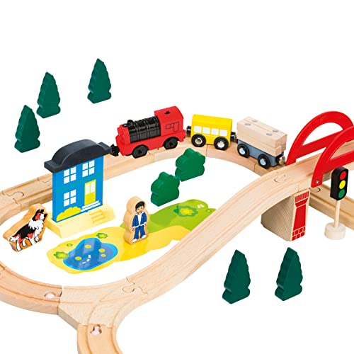 Bino world of toys ferrocarril de Madera, Juguete para niños a Partir de 3 años, Juguete para niños (Locomotora electrónica de ferrocarril de Madera, Incluyendo Accesorios, 80 Piezas)