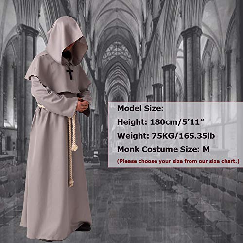 BLESSUME Monje Disfraz Sacerdote Fraile Medieval Encapuchado Renacimiento Túnica (XL, Gris)