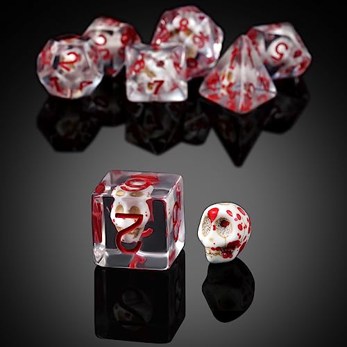 Blood Skull DND Dados, DNDND Skull - Juego de dados de resina con bolsa de terciopelo para juegos de rol y juegos de mesa DND de Calabozos y Dragones (calavera de sangre con número rojo)
