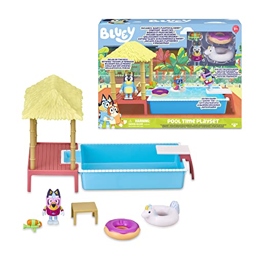 Bluey - Playset Pool Time, Piscina, Set de Juguete Completo con 1 Mini Figura Accesorios, Ideal para completar la casa, niños y niñas Desde 3 años, Famosa (BLY22000)