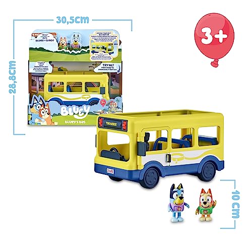 Bluey - School Bus, autobús para el Cole 2 Figuras con Bingo Personajes de la Serie de Dibujos inantil, Cartel con Destino de Ruta Giratorio, niños y niñas + 3 años, Famosa (BLY39010)