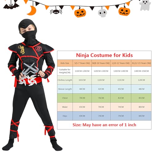Bocguy Disfraz Ninja Niño, Juego Disfraz de Ninja, Ninja Disfraz para Niño Cosplay Negro para Fiesta Carnaval Cumpleaños Mascarada Fiesta Costume Conjunto, Edades 5-15 Años(S)