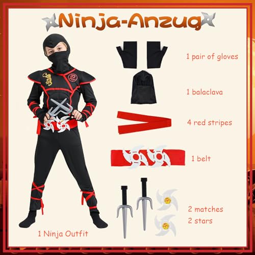 Bocguy Disfraz Ninja Niño, Juego Disfraz de Ninja, Ninja Disfraz para Niño Cosplay Negro para Fiesta Carnaval Cumpleaños Mascarada Fiesta Costume Conjunto, Edades 5-15 Años(S)