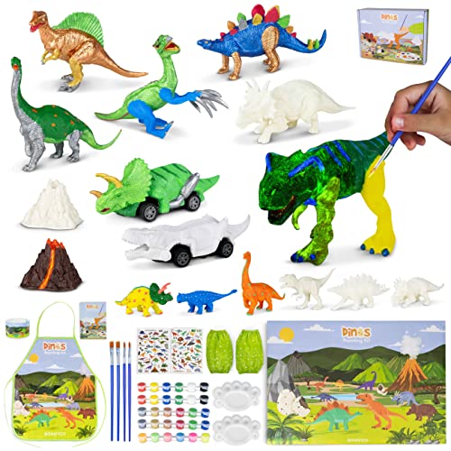 BONNYCO Dinosaurios Juguetes con 16 Figuras para Pintar Manualidades Niños con Brillo en la Oscuridad | Juguetes Niños 3 4 5 6 7 8 9 10 Años Regalos para Niños Cumpleaños, Navidad, Comunion