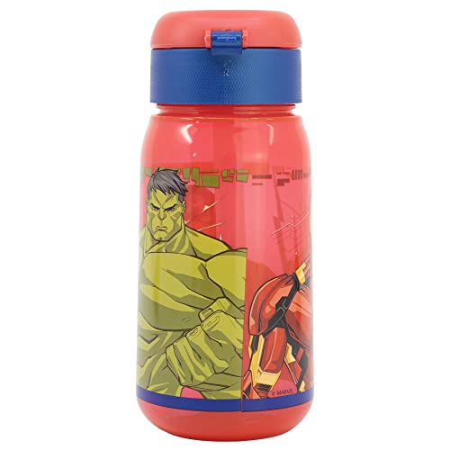 Botella de agua infantil de plástico de 510 ml con tapón y pajita de Los Vengadores - Marvel