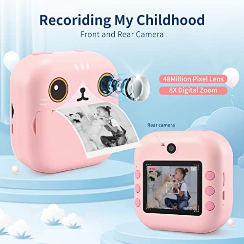Cámara Fotos Infantil Instantanea, Camara de Fotos para Niños HD de 48MP 1080P, Lente Doble de 2,4'', Recargable de 1200mAh con Tarjeta TF de 32GB, 3 Papeles de Impresión, 5 Bolígrafos de Color