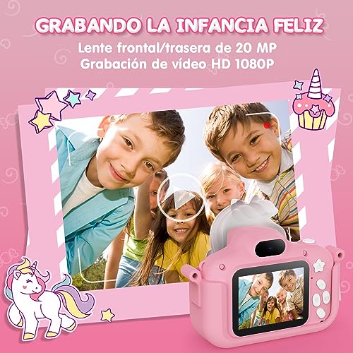 CAMCLID Camara Fotos Infantil, 2,0 Pulgadas Camara de Fotos para Niños, 1080P Selfie Cámara Digital para Niños con Tarjeta SD de 32 GB, Niños y Niñas de 3-12 Años (Pink)