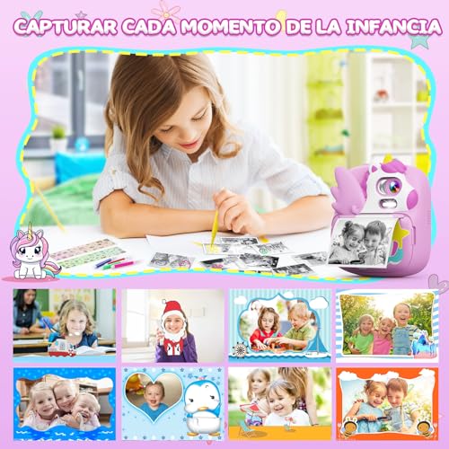 CAMCLID Camara Fotos Infantil Instantanea, 2,4 ’‘ HD 1080P Cámara Fotos Infantil con Tarjeta SD de 32G y Papel Fotográfico de Impresión, Niños y Niñas de 3 a 12 años (Violeta)