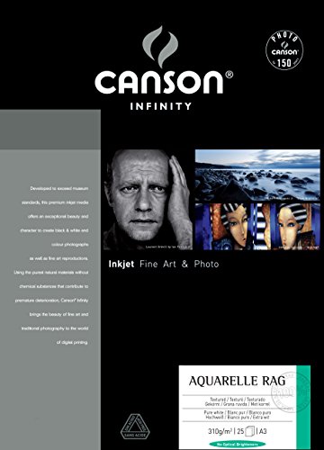 Canson Infinity Aquarelle Rag, Caja A3, 25 Hojas, 100% Algodón, 310g