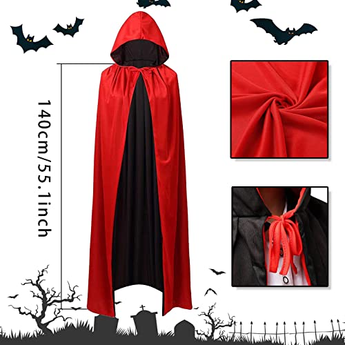 Capa Halloween Unisex,Capa negra roja de doble capa de vampiro, Halloween Costume aplicable a la mascarada de Halloween, disfraz de carnaval,etc. (Encapuchado-140 cm)