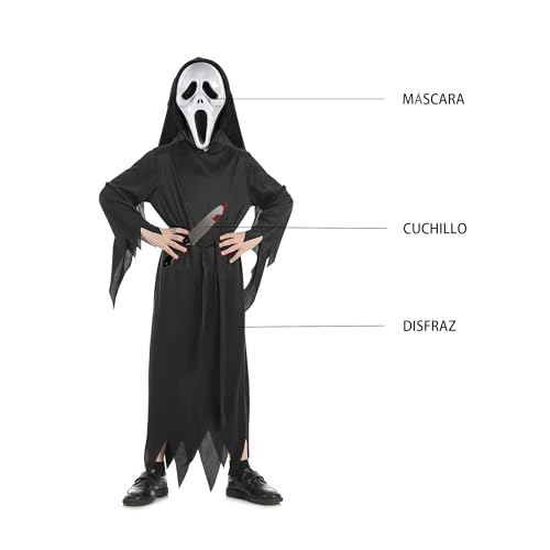 Carnavalife Disfraz Scream Niño+Mascara Scream Fantasma Ghostface Resistente+Cuchillo Sangre para Niños 3-15 años para Halooween y Carnaval, Disfraz Muerte,Disfraz Asesino (3-4 años)