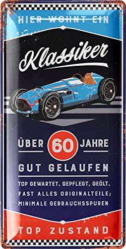 Cartel de chapa retro con texto en alemán "60 Birthday", alternativa a la tarjeta de cumpleaños 60, regalo divertido para 60 cumpleaños, placa de metal vintage con texto divertido, curvada, 17 x 34 cm