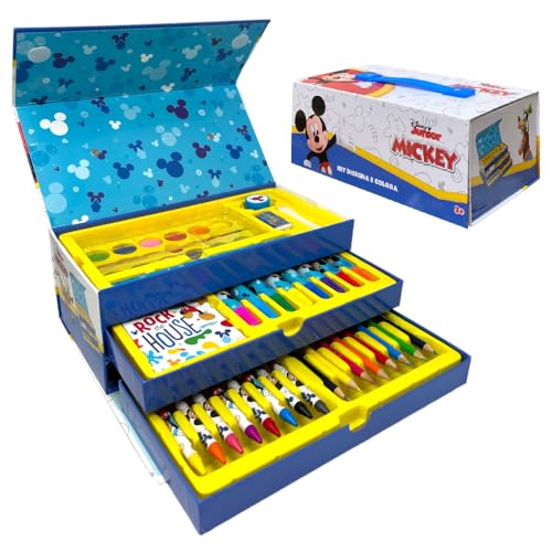CARTOON Maletín con colores para niños Mickey Mouse Disney juego de 52 piezas de colores y papelería caja con cajones kit de dibujo y pintura