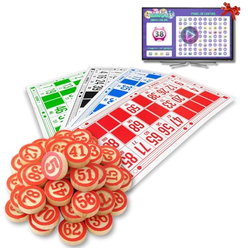 CAVECA Bingo Juego de Mesa Adulto + Regalo (Bingo Online), Bingo Infantil con 48 Cartones Reutilizables y 90 Números de Madera a 2 Caras, Manual Muy Divertido para Toda la Familia, Adultos y Niños