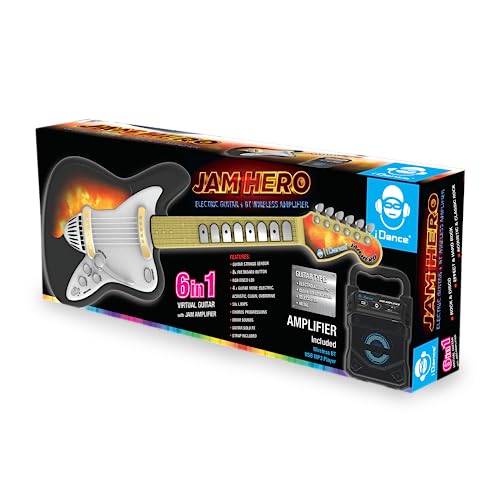 Cefa Toys - Guitarra Eléctrica con Amplificador Jam Hero, con 4 Tipos de Guitarra, Acústica, Stratocaster, Telecaster y Metal, Incluye Luz, Correa, Amplificador por Bluetooth y Entrada de Audio