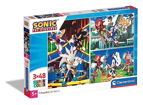 Clementoni 3X48 Sonic Hedgehog 3 Puzzles Infantiles De 48 Piezas Cada Uno A Partir De 4 Años (25280), Multicolor, One Size
