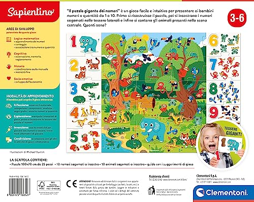 Clementoni- Animals Sapientino Gigante Educativo de 3 años para Aprender, Rompecabezas niños, Animales Moldeados, Juego sobre los números, Fabricado en Italia, Color Italiano (16652)