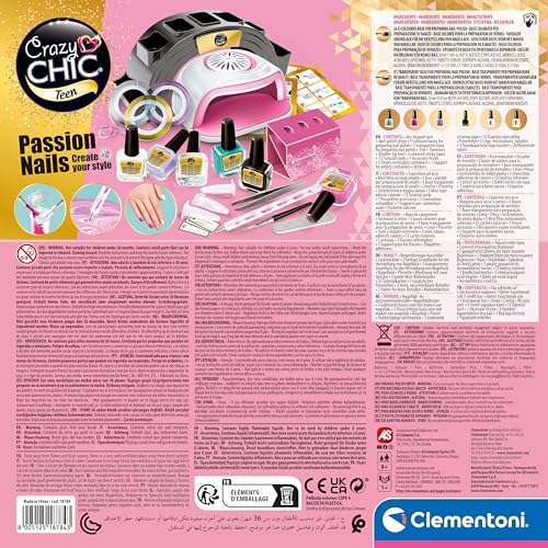 Clementoni- Crazy Chic – Nail Passion Set – Diseñador, Juego de Esmalte, Arte y Manualidades, uñas, Regalos niñas de 7 años, manicura Hecha a Mano, Juguetes creativos (18784)