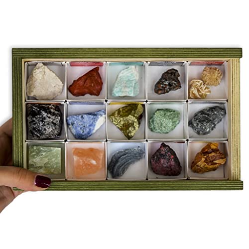 Colección de 15 Minerales de Asia y Oceanía en Caja de Madera Natural - Minerales Reales educativos con Etiqueta informativa a Color. Kit de Ciencia de Geología para niños.